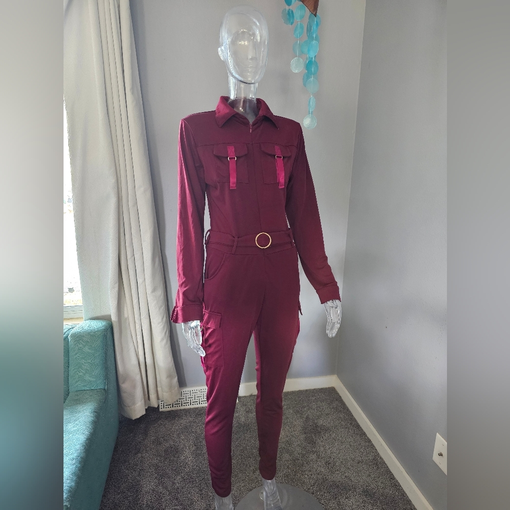 Red Jumpsuit Long Sleeve High Waisted